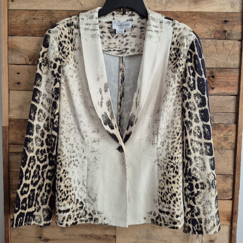 VTG Vera Cristina Silk Leopard Print Blazer Jacket Womens L Fit Cream & Black